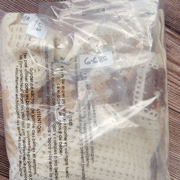 Le Lis Crochet Knit Top Button Cropped Womens Size M/L Short Sleeve Boho Beige - Picture 11 of 11